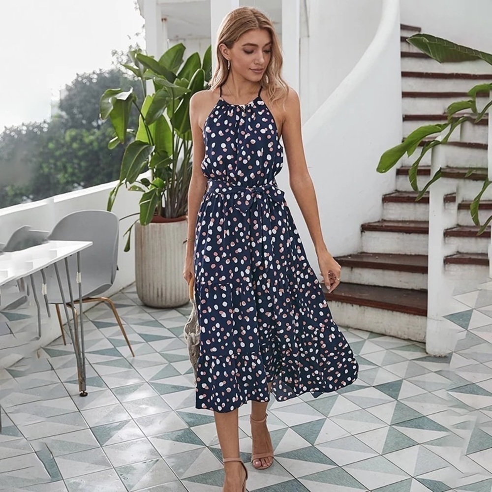 Summer Polka-Dot Long Dress Beach Strapless Casual White Midi Vacation blue - Picture 5 of 7